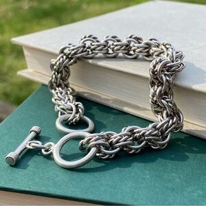 Vintage 925 Sterling Silver 9mm Chainmaille Triple Link Bracelet w. Toggle Clasp